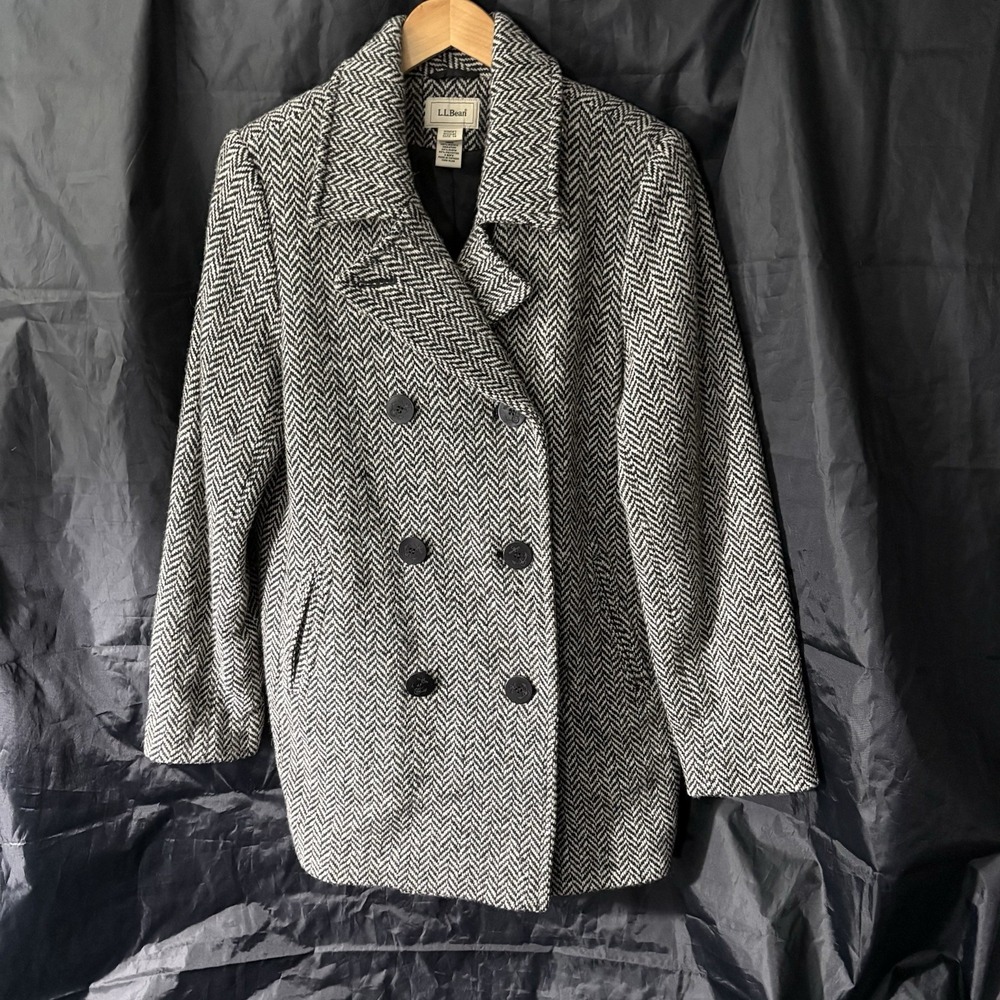 L.L.‎ Bean Herringbone Double Breasted Wool Blend Pea Coat Womens Size 14